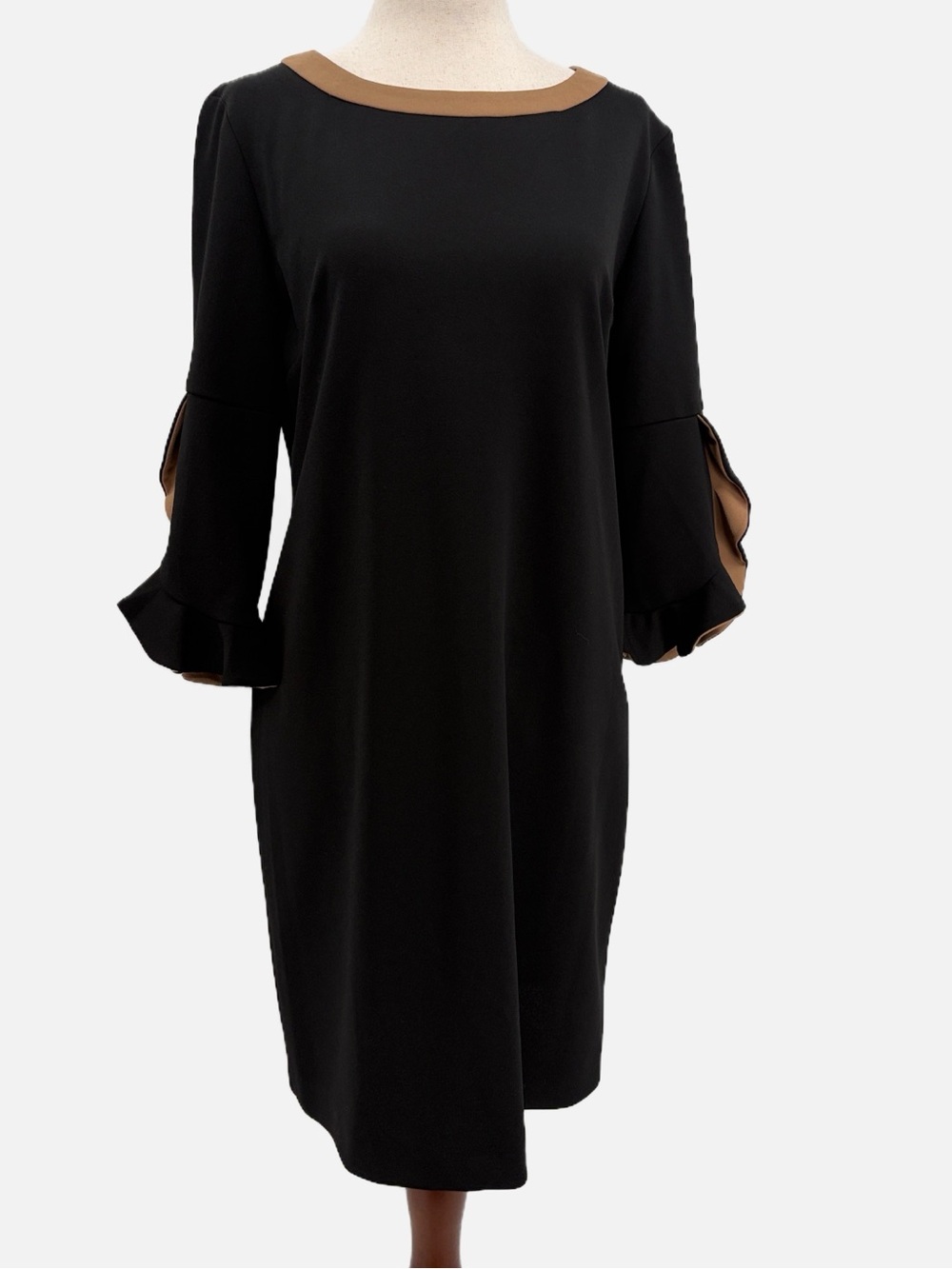 Sandro Ferrone Roma Black Tan Ruffle Sleeve Shift Dress US 6